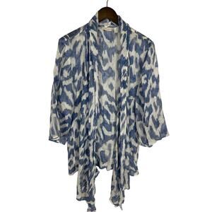 Chico's 100% Linen Open Front Cardigan Blue White‎ Beachy Resortwear 1 US Sz M
